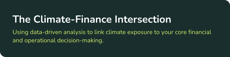 Graphic titled The Climate-Finance Intersection. Text reads: Using data-driven analysis to link climate exposure to your core financial and operational decision-making.
