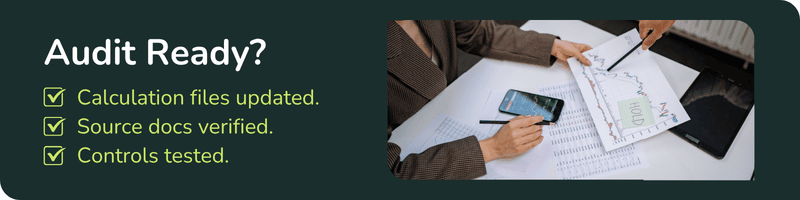 Graphic titled Audit Ready? Checklist shows: Calculation files updated, Source docs verified, Controls tested. Includes an image of business professionals reviewing financial charts and a phone on a desk.